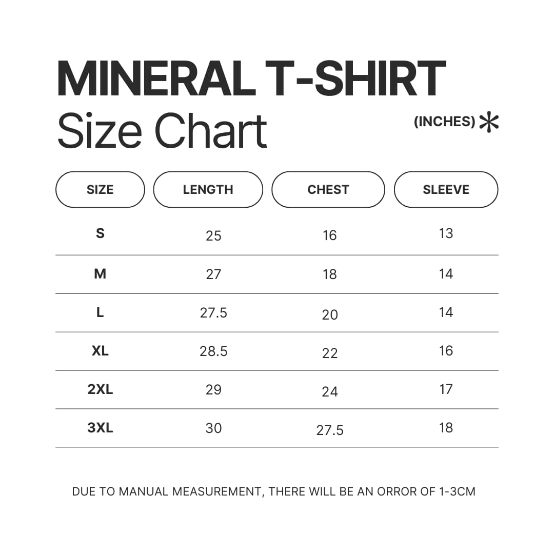 Mineral Wash T shirt Size Chart - The Apothecary Diaries Store